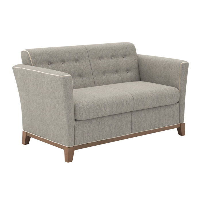 Monterrey - 2 Seat Lounge with textured fabric, contrast piping, buttons & tufting on back and almond stained wood base.