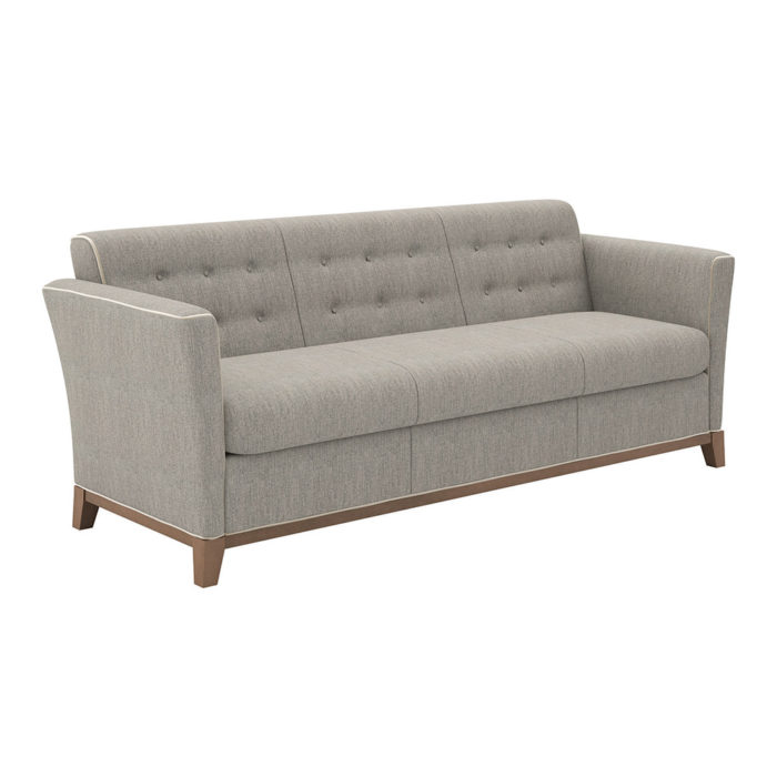 Monterrey - 3 Seat Lounge with textured fabric, contrast piping, buttons & tufting on back and almond stained wood base.