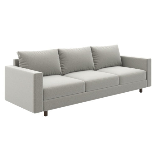 Collette - 3 Seat Sofa with textured fabric and mocha stained wood square legs.