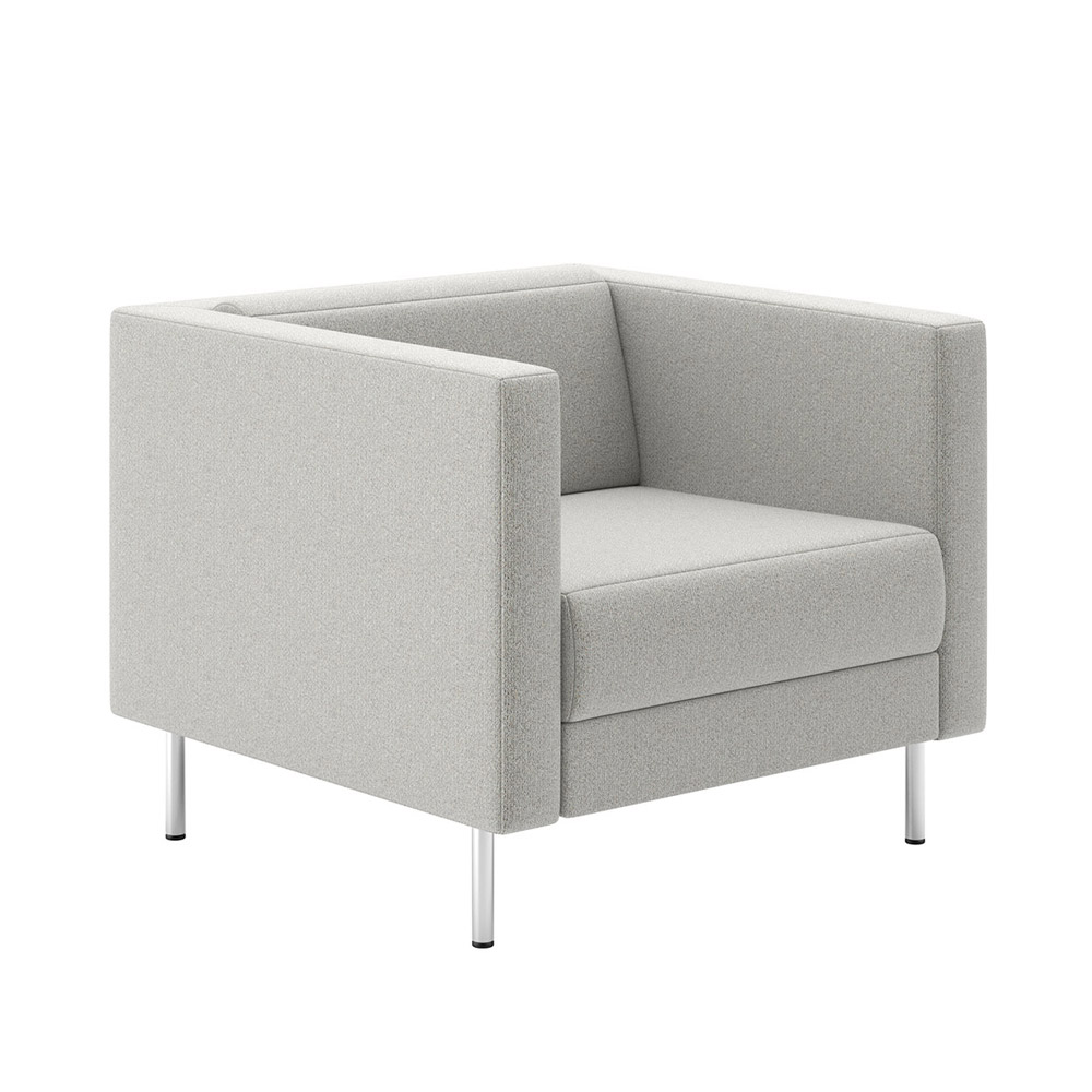 Quattro - 1 Seat Lounge with textured fabric and polished metal cylinder legs.