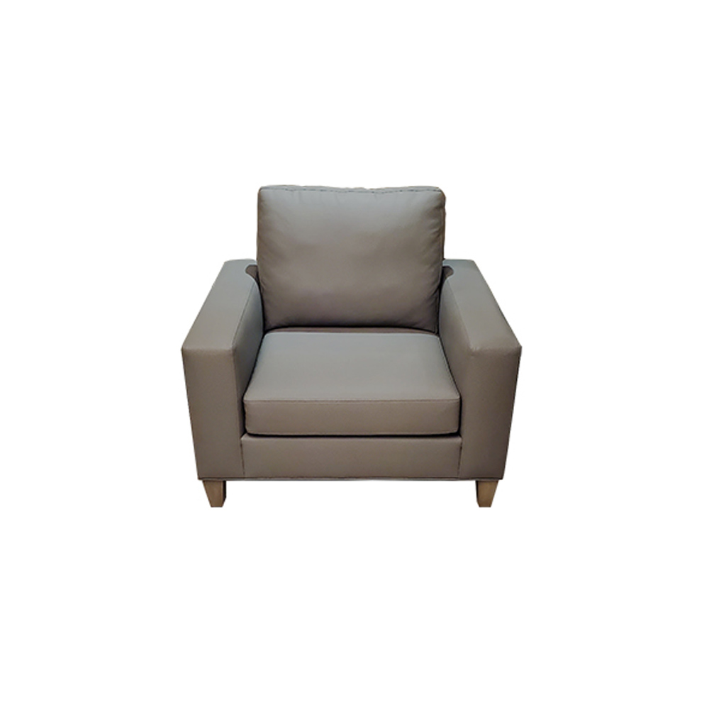 Symphony - 1 Seat Chair with textured fabric and mocha stained wood square legs.