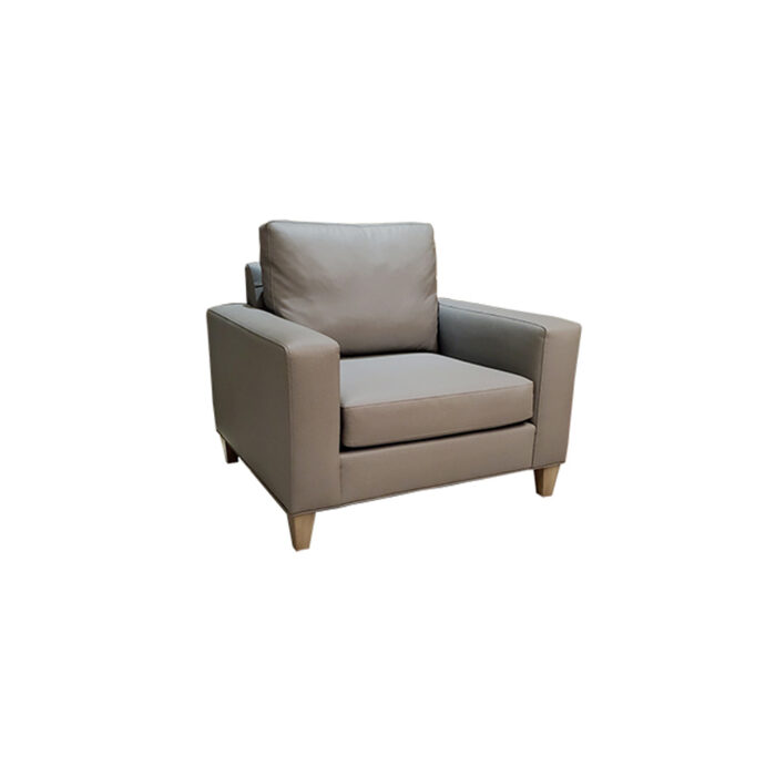 Symphony - 1 Seat Chair with textured fabric and mocha stained wood square legs.
