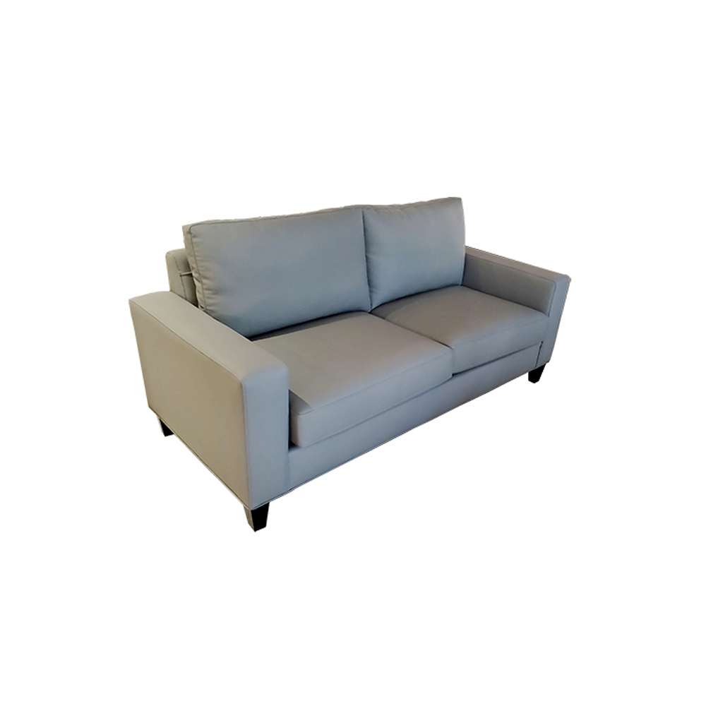 Symphony - 2 Seat Sofa with textured fabric and mocha stained wood square legs.