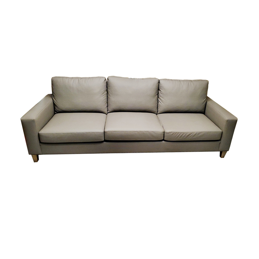 Symphony - 3 Seat Sofa with textured fabric and mocha stained wood square legs.