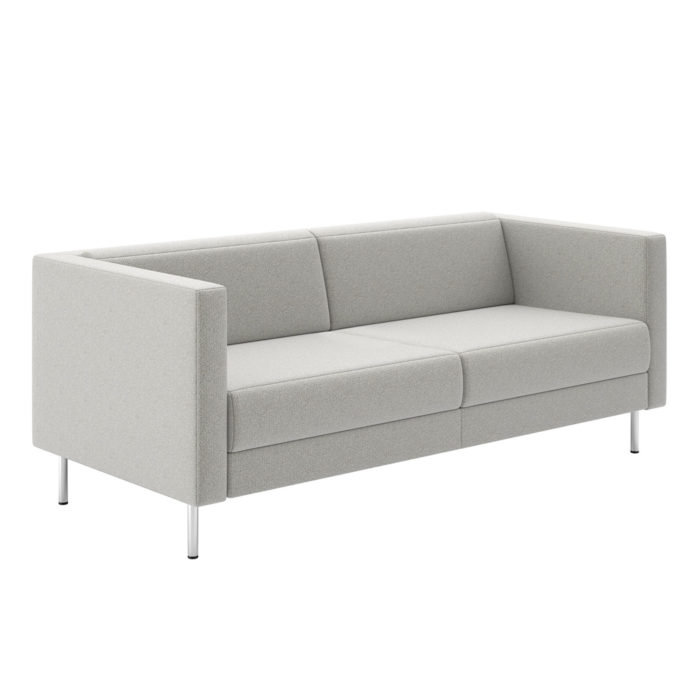 Quattro - 2.5 Seat Lounge with textured fabric and polished metal cylinder legs.