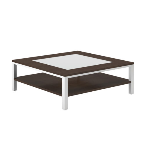 Swift: Coffee Table with glass insert, woodgrain laminant and metal base