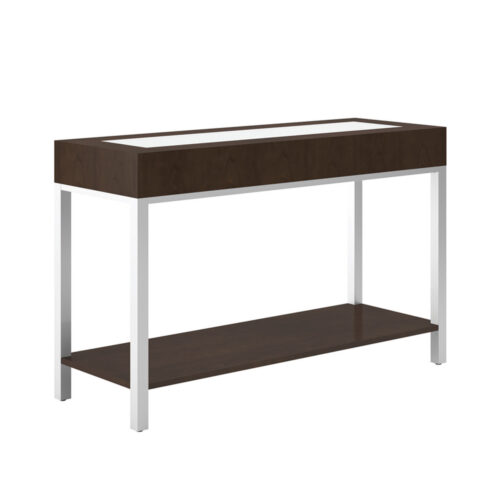 Swift: Console Table with glass insert, woodgrain laminant and metal base