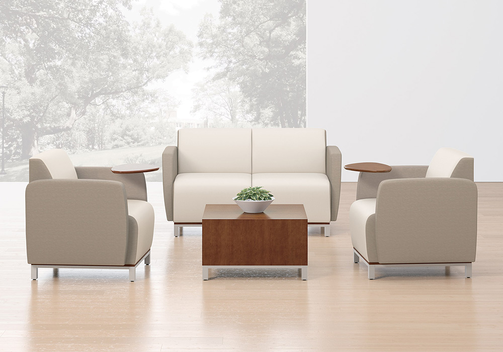 Swift: Chair and 2 seat lounge with metal legs and moveable tablet arm