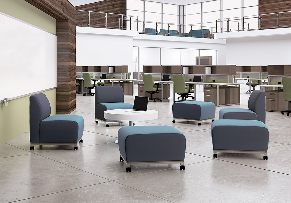 Swift: Armless chairs and ottoman with metal legs and mobile unit casters