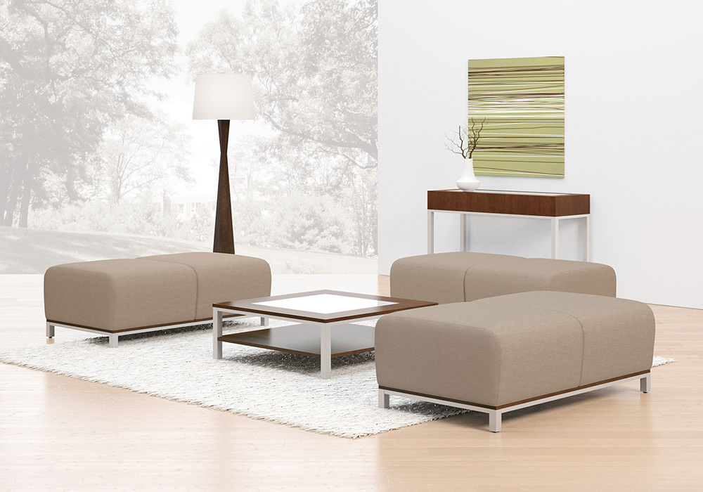 Swift: 2 seat bench with coffee table and console table with metal legs and woodgrain laminate finish